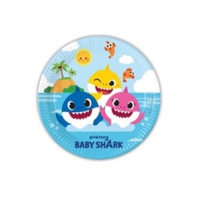 Prato de papel com desenhos de tubarões coloridos e fundo marítimo