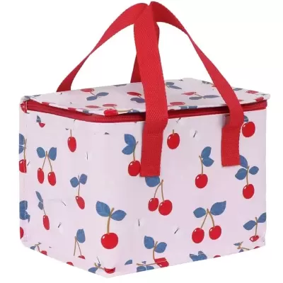 Bolsa térmica com padrão de cerejas e alças vermelhas