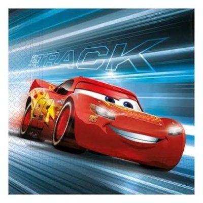 Ilustração do carro vermelho relâmpago McQueen da animação Carros Disney em fundo azul com efeitos de velocidade.