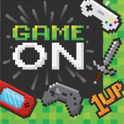 Imagem pixelada com texto GAME ON e ícones de jogos em fundo verde quadriculado
