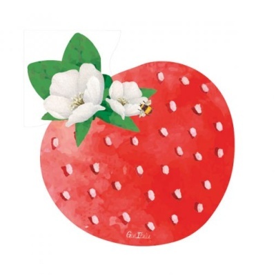 Ilustração de morango vermelho com flores brancas e abelha