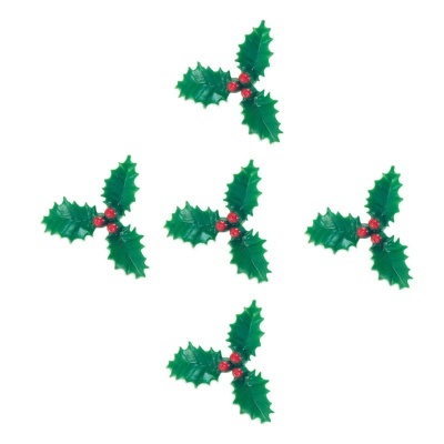 Cinco ramos de azevinho artificial com folhas verdes e bagas vermelhas