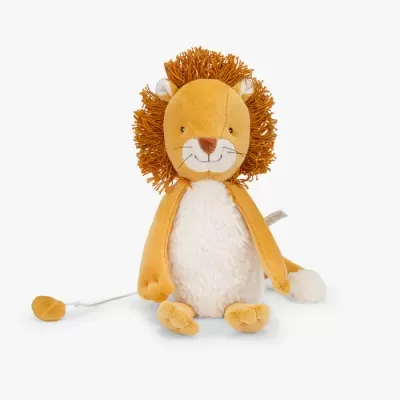Leão de peluche amarelo com barriga e cauda brancas e crina castanha