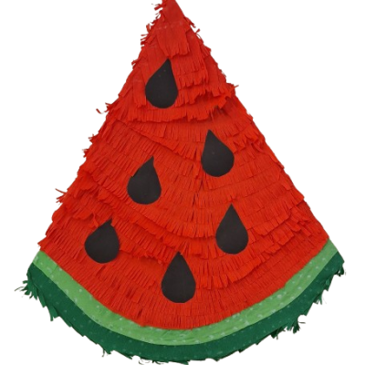 Piñata em forma de fatia de melancia com papel em franja vermelho, preto para sementes e verde na borda