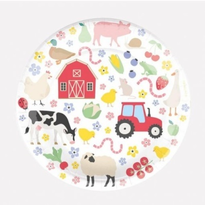 Prato redondo com padrão colorido de animais da quinta e elementos agrícolas.