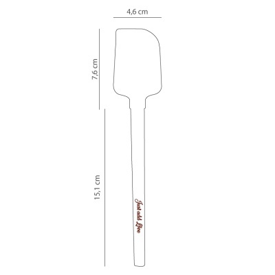 Espátula de cozinha branca com texto 'Just add love' no cabo e medidas visíveis.