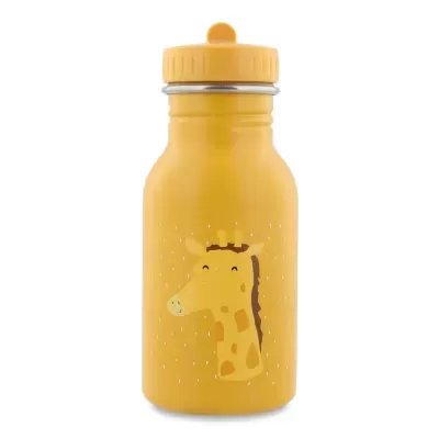 Garrafa amarela com ilustração de girafa e tampa amarelo claro