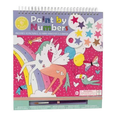 Kit de pintura por números com tema de unicórnio colorido e fundo rosa com detalhes numerados