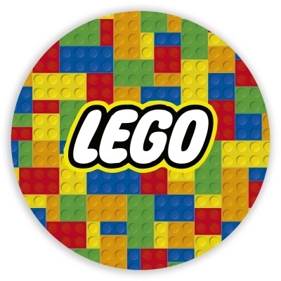 Fundo redondo colorido com padrão de blocos tipo LEGO e texto LEGO no centro