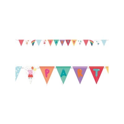 Guirlanda decorativa colorida com bandeirolas e palavra PARTY para festa