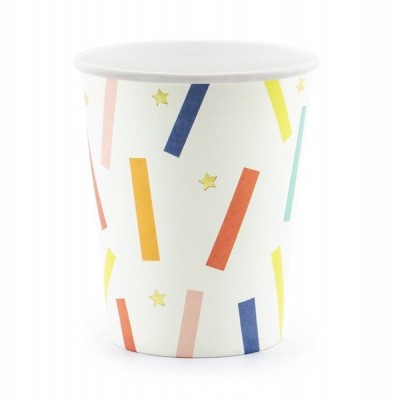 Copo descartável branco com riscas coloridas e estrelas amarelas
