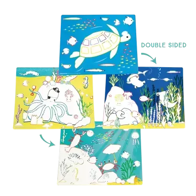 quatro puzzles infantis ilustrados com animais marinhos coloridos, como tartaruga, polvo, peixes e caranguejos