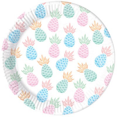 Prato descartável branco com padrão de abacaxis coloridos