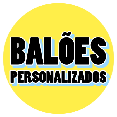 Logotipo redondo amarelo com texto BALÕES PERSONALIZADOS em preto e sombra azul