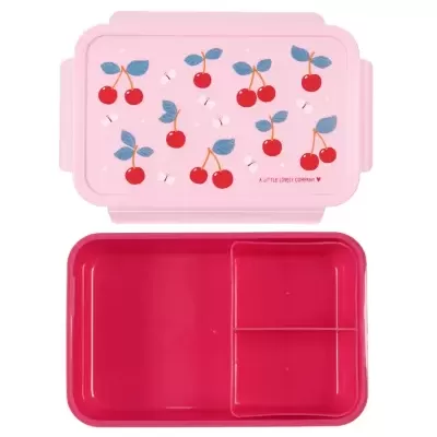 Marmita de plástico rosa com tampa decorada com cerejas e compartimentos internos
