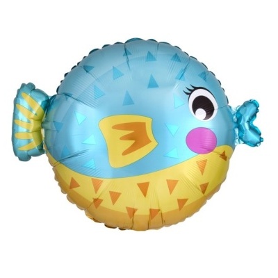 Balão metalizado redondo azul e amarelo em forma de peixe