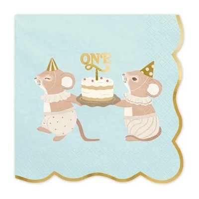 Guardanapo azul claro com dois ratinhos e bolo de aniversário