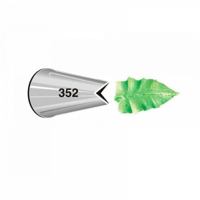 Bico de confeitar metálico com número 352 e folha verde ao lado