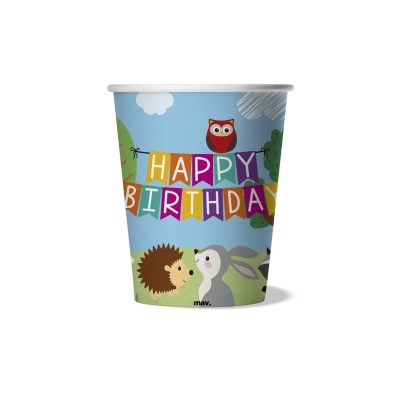 Copo descartável de papel colorido com tema de aniversário