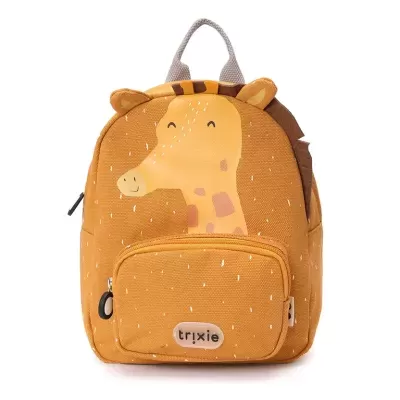 Mochila infantil laranja com girafa desenhada e orelhas em tecido