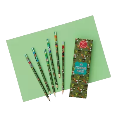 Conjunto de lápis de cor e caixa com padrão desportivo em verde
