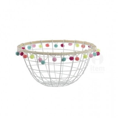 Cesto decorativo em metal branco com pompons coloridos