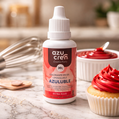 Frasco de colorante em gel lipossolúvel Azucen Extra Rojo com cupcake e utensílios de cozinha ao fundo.