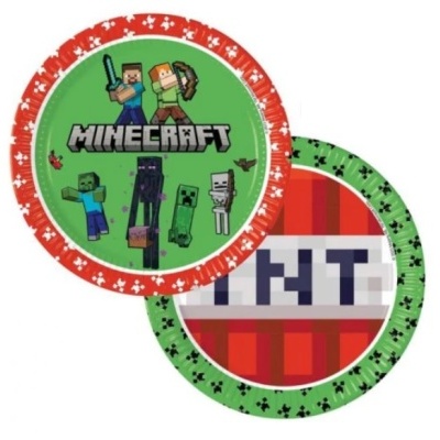 Dois pratos de papel com tema Minecraft, um verde e outro vermelho, com personagens e texto