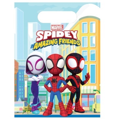 Embalagem com ilustração dos personagens Marvel Spidey e Amigos Incríveis em fundo de cidade