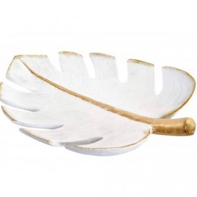 Prato decorativo em forma de folha branca e dourada