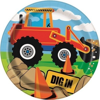 Prato infantil com desenho de trator e cones de trânsito