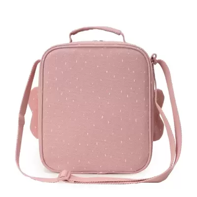 Mala quadrada cor-de-rosa com padrão de pontos brancos e alça ajustável.