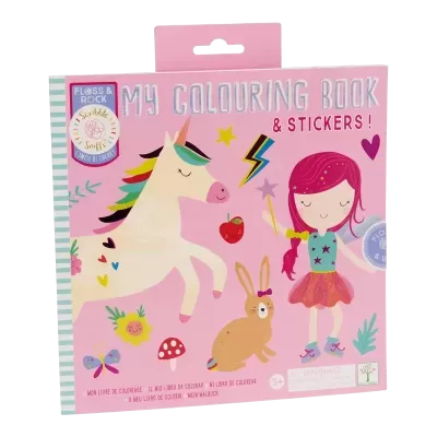 Livro para colorir com autocolantes e ilustração de unicórnio, rapariga, coelho e símbolos coloridos em fundo rosa