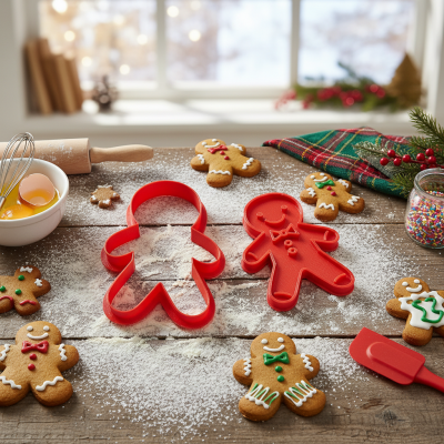 Biscoitos de gengibre decorados, moldes vermelhos, farinha, ovos, rolo, batedor e decoração de Natal numa mesa de madeira.