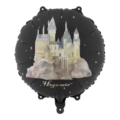 Balão foil preto com castelo Hogwarts e texto Hogwarts™