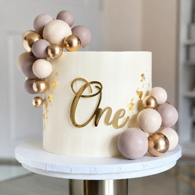Bolo branco decorado com bolas douradas, bege e castanho claro, com texto dourado One e aplicação dourada, em base branca.