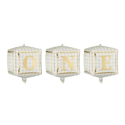 Três balões quadrados branco e bege com letras douradas a soletrar ONE