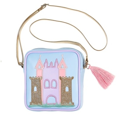 Bolsa azul claro com castelo bordado e tassel cor-de-rosa