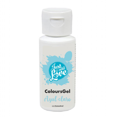 Frasco branco de gel para cores Azul claro com etiqueta 'Just add Love' e texto em português.