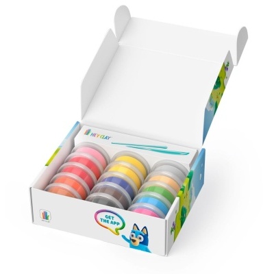 Caixa aberta com potes de massa de modelar colorida HEY CLAY e estojo com espátula