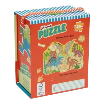 Caixa de puzzle colorido com tema de dinossauros e 30 peças