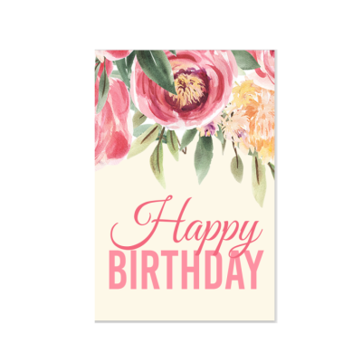 Cartão de aniversário com flores e texto cor-de-rosa