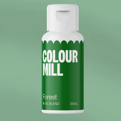 Frasco plástico branco com tampa branca e rótulo verde de óleo essential com texto COLOUR MILL