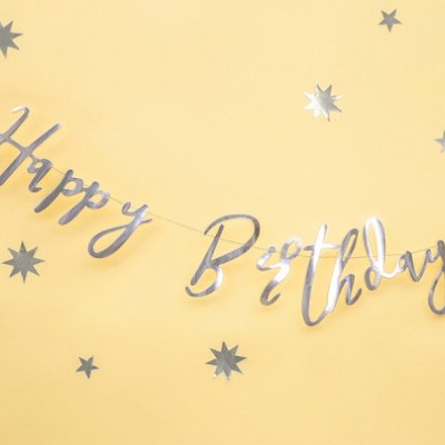 Faixa prateada 'Happy Birthday' com estrelas prateadas num fundo amarelo