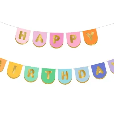 Guirlanda decorativa colorida com as palavras HAPPY BIRTHDAY