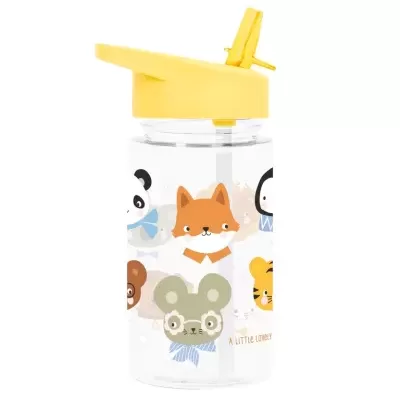 Garrafa transparente com tampa amarela e imagens de animais cartoon