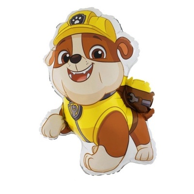 Almofada infantil em forma de personagem de cão com capacete amarelo