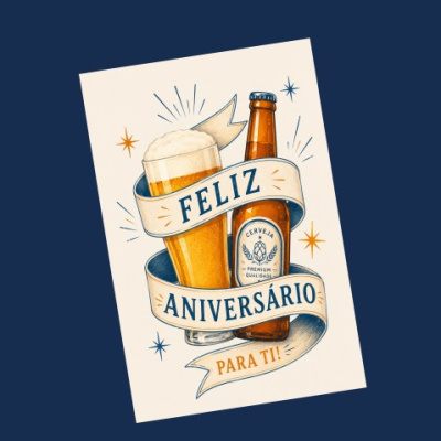 Cartaz com copo e garrafa de cerveja com texto Feliz Aniversário Para Ti.