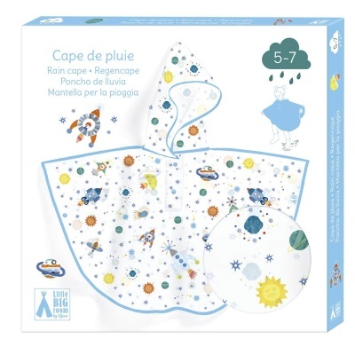 Capa de chuva infantil branca com padrão colorido de planetas e foguetes