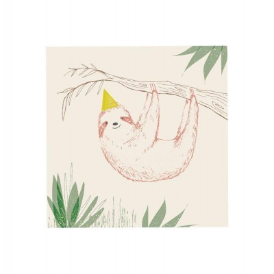 Ilustração de bicho-preguiça com chapéu de festa pendurado num ramo de árvore.